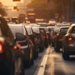 Fila de carros parada em um congestionamento durante o pôr do sol em uma avenida movimentada.