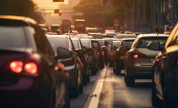 Fila de carros parada em um congestionamento durante o pôr do sol em uma avenida movimentada.