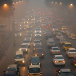Trânsito intenso em via urbana durante o horário de pico, com grande concentração de carros e faróis acesos em meio à neblina.