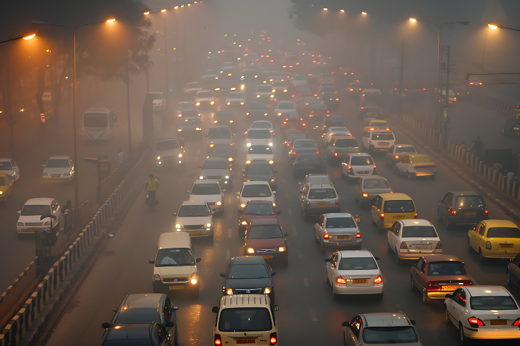 Trânsito intenso em via urbana durante o horário de pico, com grande concentração de carros e faróis acesos em meio à neblina.