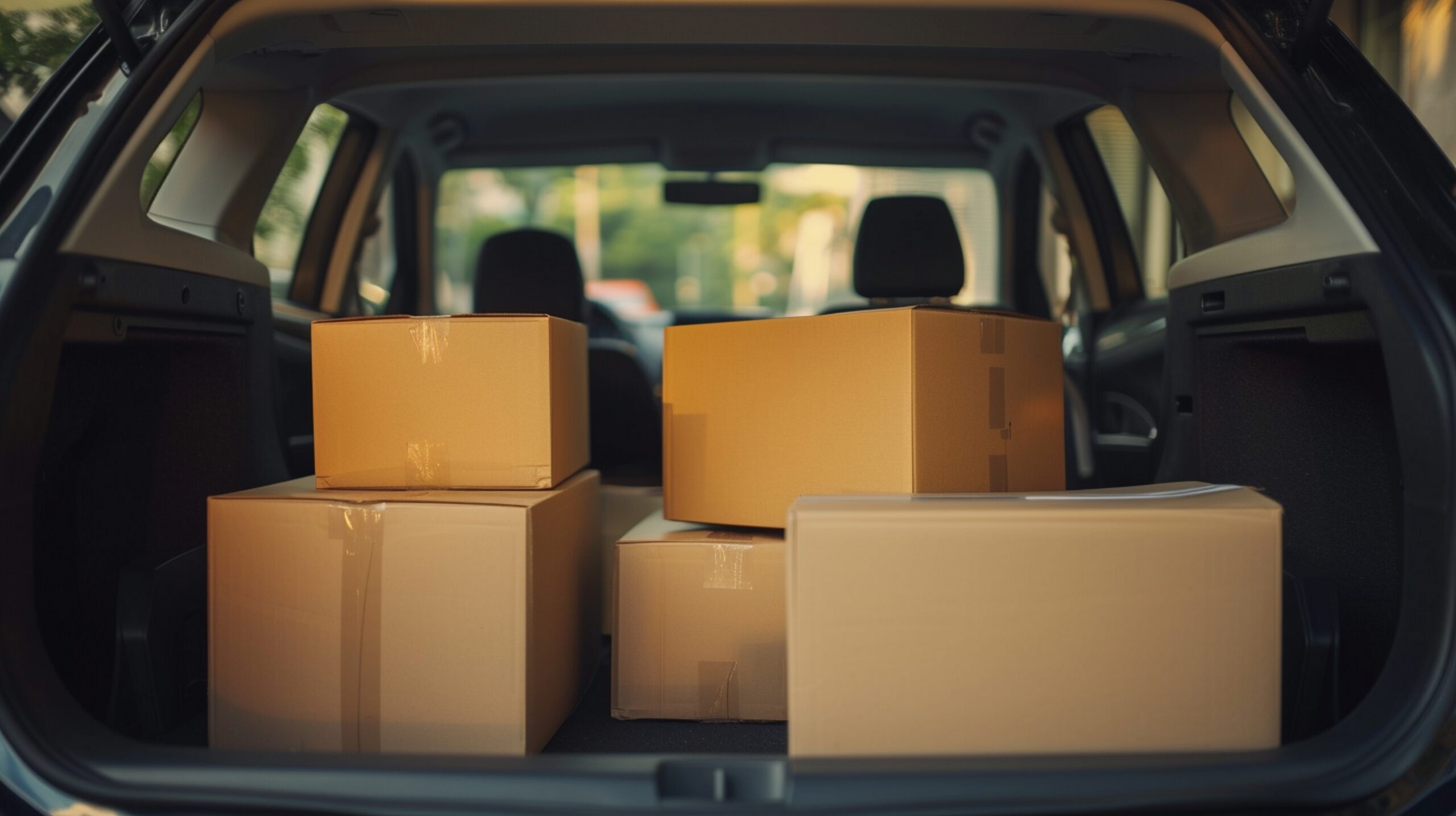 Caixas de papelão organizadas no porta-malas de um carro, representando transporte e entrega de mercadorias.