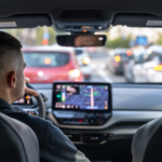 Motorista dirigindo carro em trânsito intenso na cidade, com painel digital exibindo navegação GPS.