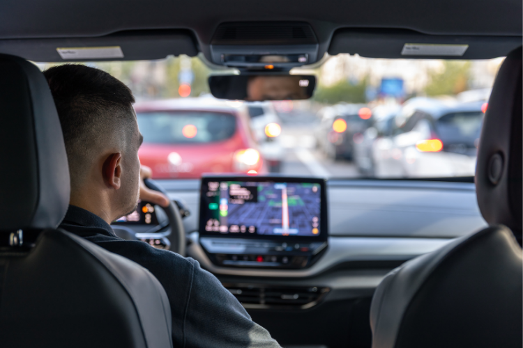 Motorista dirigindo carro em trânsito intenso na cidade, com painel digital exibindo navegação GPS.